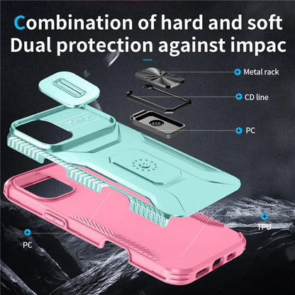For iPhone 16 Plus Case TPU+PC Kickstand Slide Lens Lid Phone Cover