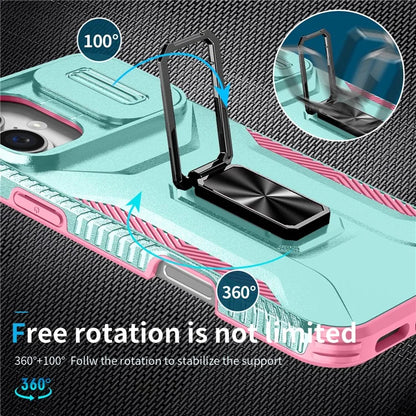 For iPhone 16 Plus Case TPU+PC Kickstand Slide Lens Lid Phone Cover