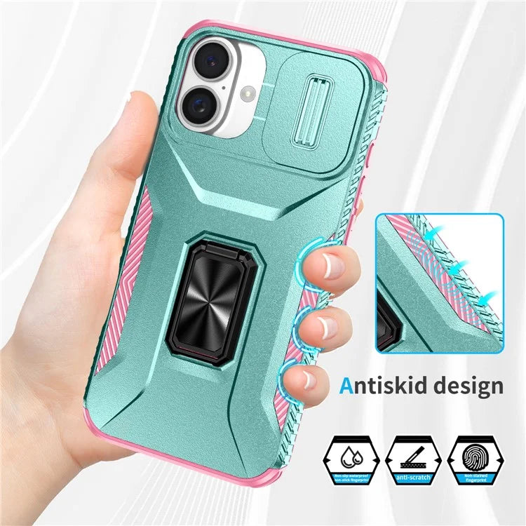 For iPhone 16 Plus Case TPU+PC Kickstand Slide Lens Lid Phone Cover