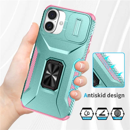 For iPhone 16 Plus Case TPU+PC Kickstand Slide Lens Lid Phone Cover