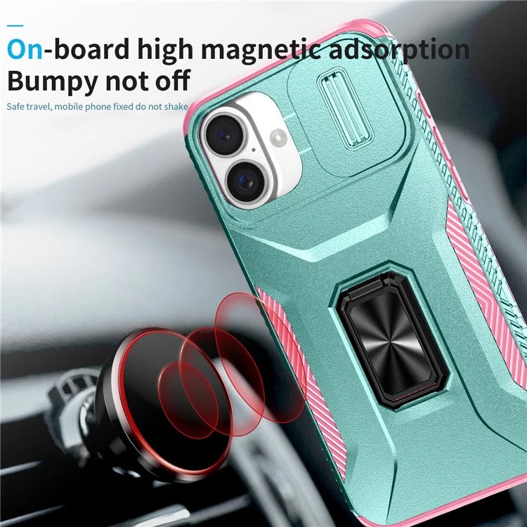 For iPhone 16 Plus Case TPU+PC Kickstand Slide Lens Lid Phone Cover