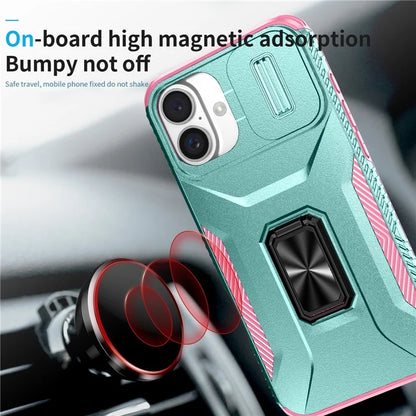 For iPhone 16 Plus Case TPU+PC Kickstand Slide Lens Lid Phone Cover