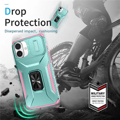 For iPhone 16 Plus Case TPU+PC Kickstand Slide Lens Lid Phone Cover