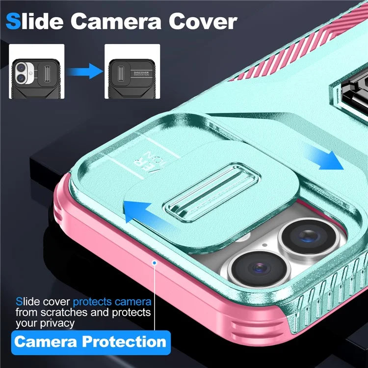For iPhone 16 Plus Case TPU+PC Kickstand Slide Lens Lid Phone Cover