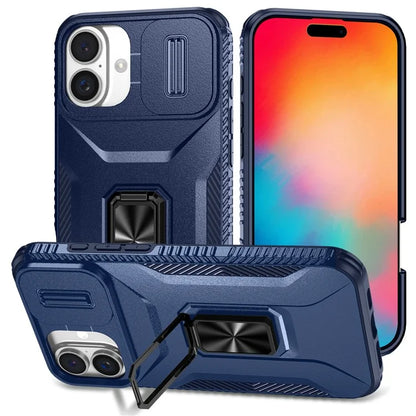 For iPhone 16 Plus Case TPU+PC Kickstand Slide Lens Lid Phone Cover