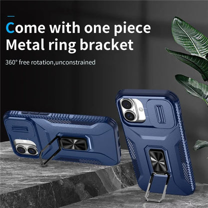 For iPhone 16 Plus Case TPU+PC Kickstand Slide Lens Lid Phone Cover