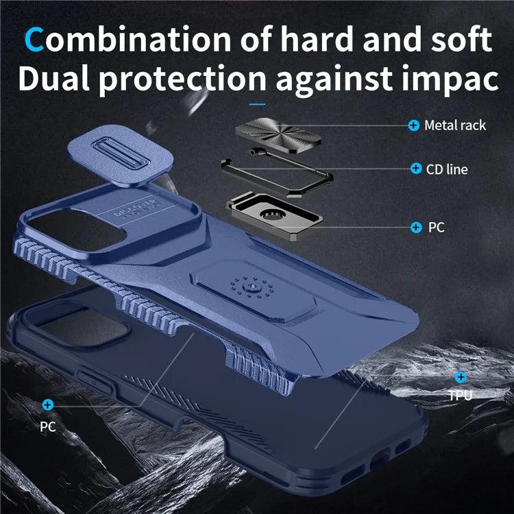 For iPhone 16 Plus Case TPU+PC Kickstand Slide Lens Lid Phone Cover