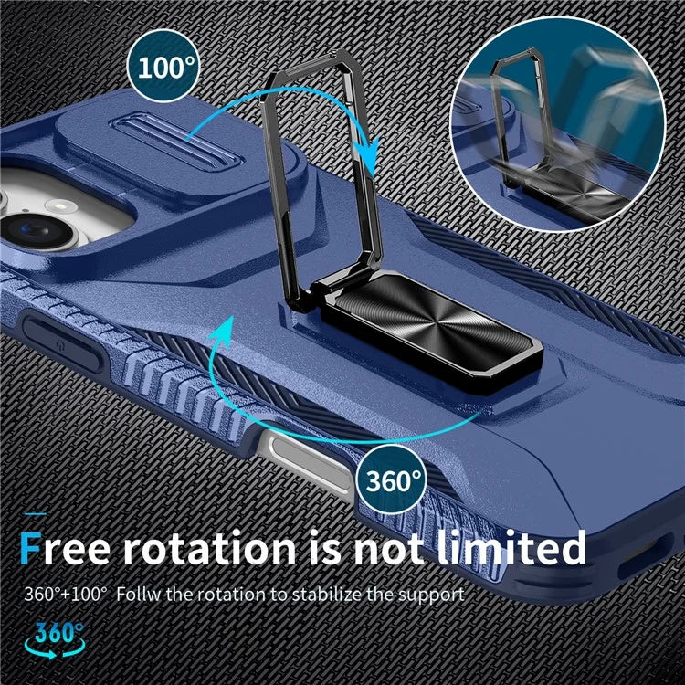 For iPhone 16 Plus Case TPU+PC Kickstand Slide Lens Lid Phone Cover