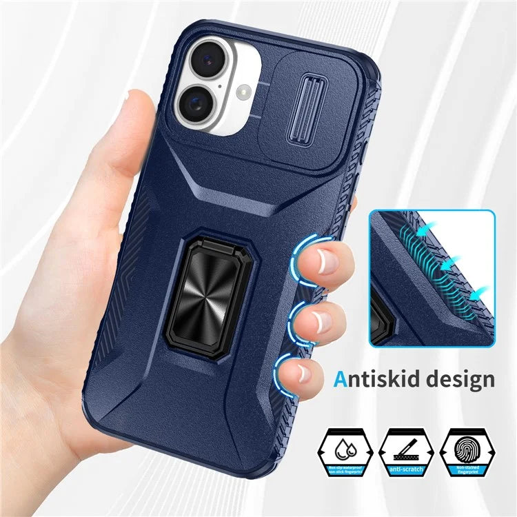 For iPhone 16 Plus Case TPU+PC Kickstand Slide Lens Lid Phone Cover
