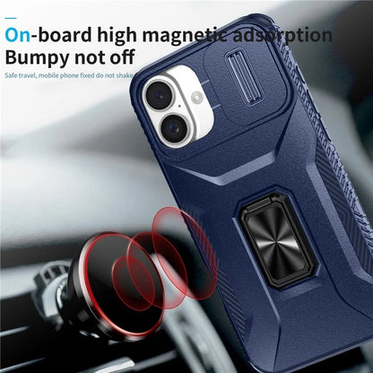 For iPhone 16 Plus Case TPU+PC Kickstand Slide Lens Lid Phone Cover