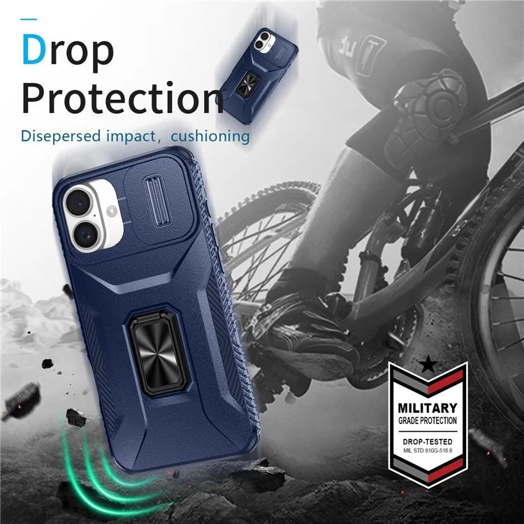 For iPhone 16 Plus Case TPU+PC Kickstand Slide Lens Lid Phone Cover