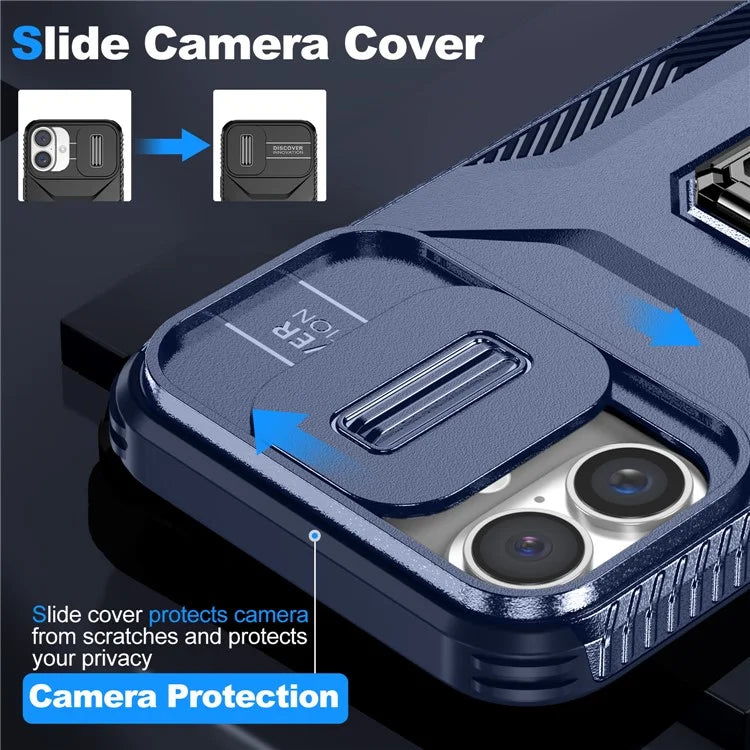 For iPhone 16 Plus Case TPU+PC Kickstand Slide Lens Lid Phone Cover