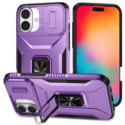 For iPhone 16 Plus Case TPU+PC Kickstand Slide Lens Lid Phone Cover