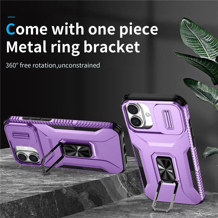 For iPhone 16 Plus Case TPU+PC Kickstand Slide Lens Lid Phone Cover