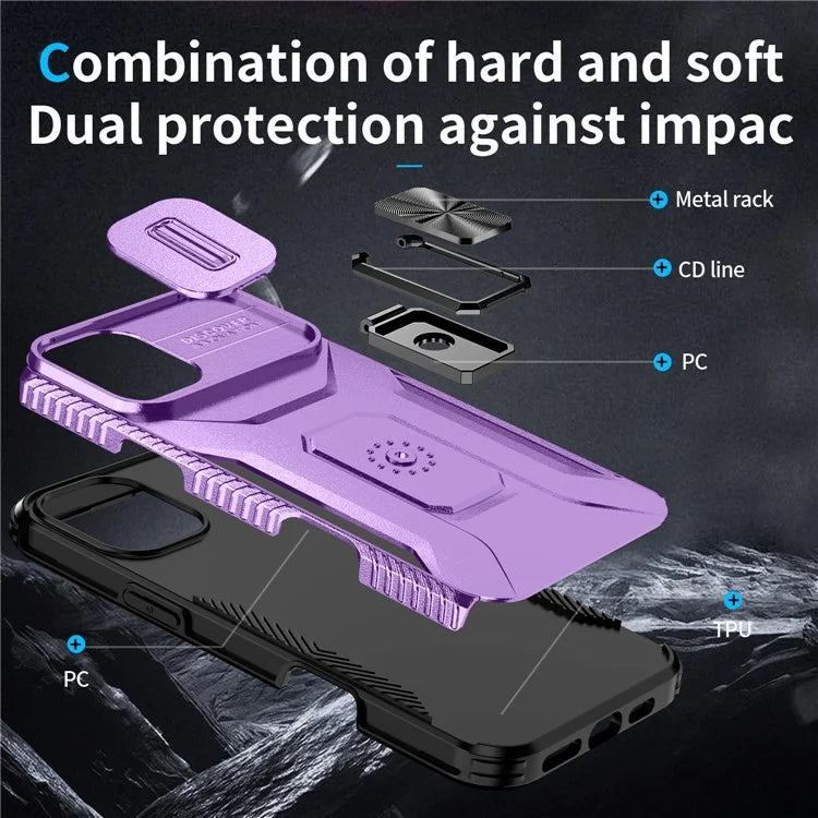 For iPhone 16 Plus Case TPU+PC Kickstand Slide Lens Lid Phone Cover