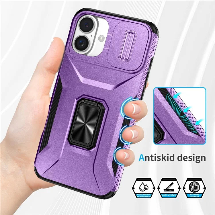 For iPhone 16 Plus Case TPU+PC Kickstand Slide Lens Lid Phone Cover