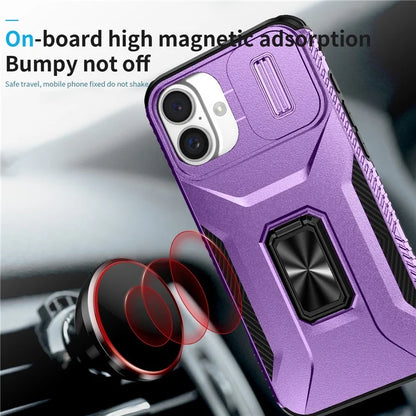 For iPhone 16 Plus Case TPU+PC Kickstand Slide Lens Lid Phone Cover