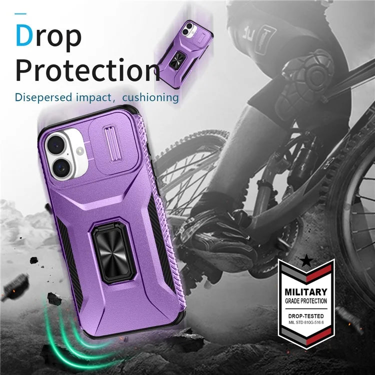For iPhone 16 Plus Case TPU+PC Kickstand Slide Lens Lid Phone Cover