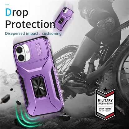 For iPhone 16 Plus Case TPU+PC Kickstand Slide Lens Lid Phone Cover