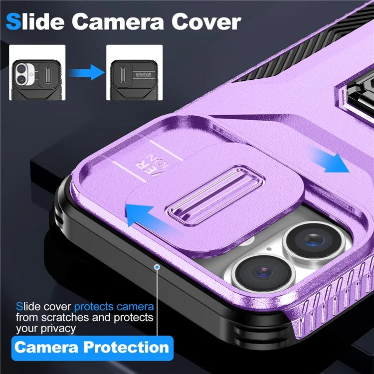 For iPhone 16 Plus Case TPU+PC Kickstand Slide Lens Lid Phone Cover