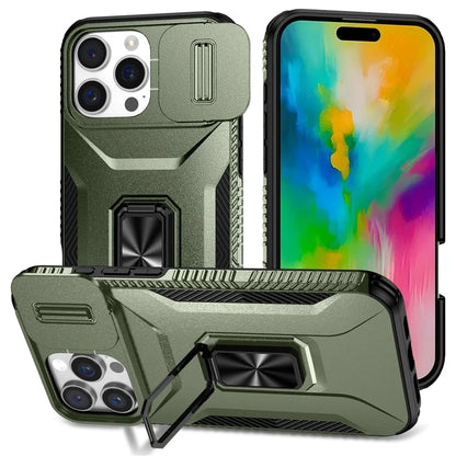 For iPhone 16 Pro Case Kickstand TPU+PC Phone Cover with Slide Lens Shield