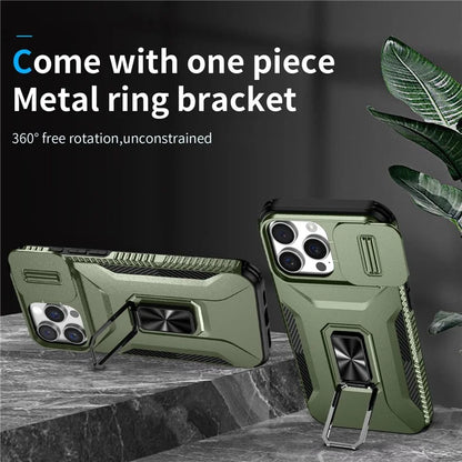 For iPhone 16 Pro Case Kickstand TPU+PC Phone Cover with Slide Lens Shield