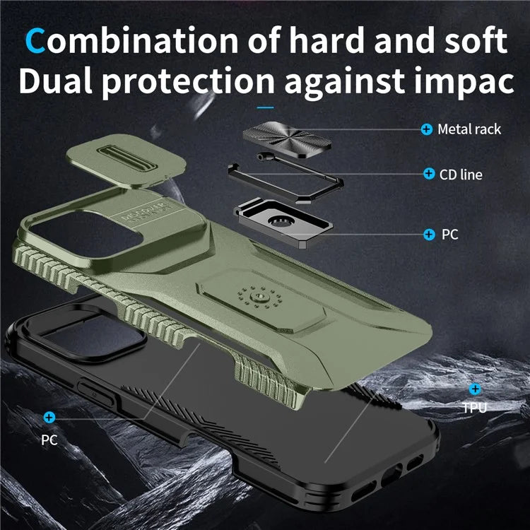 For iPhone 16 Pro Case Kickstand TPU+PC Phone Cover with Slide Lens Shield