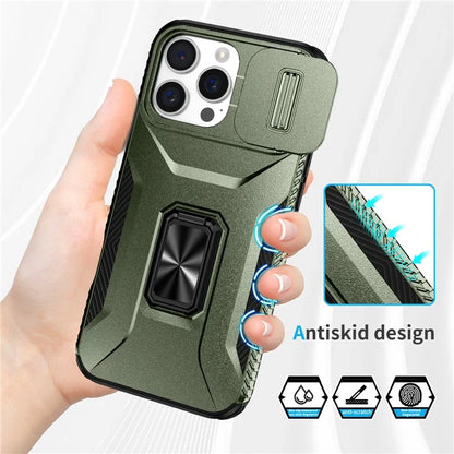 For iPhone 16 Pro Case Kickstand TPU+PC Phone Cover with Slide Lens Shield