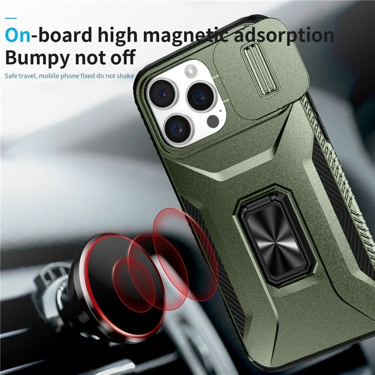 For iPhone 16 Pro Case Kickstand TPU+PC Phone Cover with Slide Lens Shield