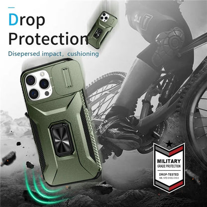For iPhone 16 Pro Case Kickstand TPU+PC Phone Cover with Slide Lens Shield