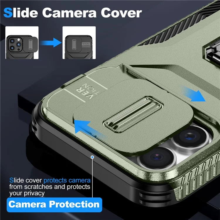 For iPhone 16 Pro Case Kickstand TPU+PC Phone Cover with Slide Lens Shield