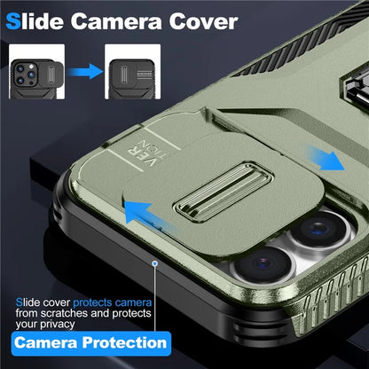 For iPhone 16 Pro Case Kickstand TPU+PC Phone Cover with Slide Lens Shield