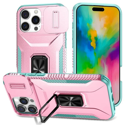 For iPhone 16 Pro Case Kickstand TPU+PC Phone Cover with Slide Lens Shield