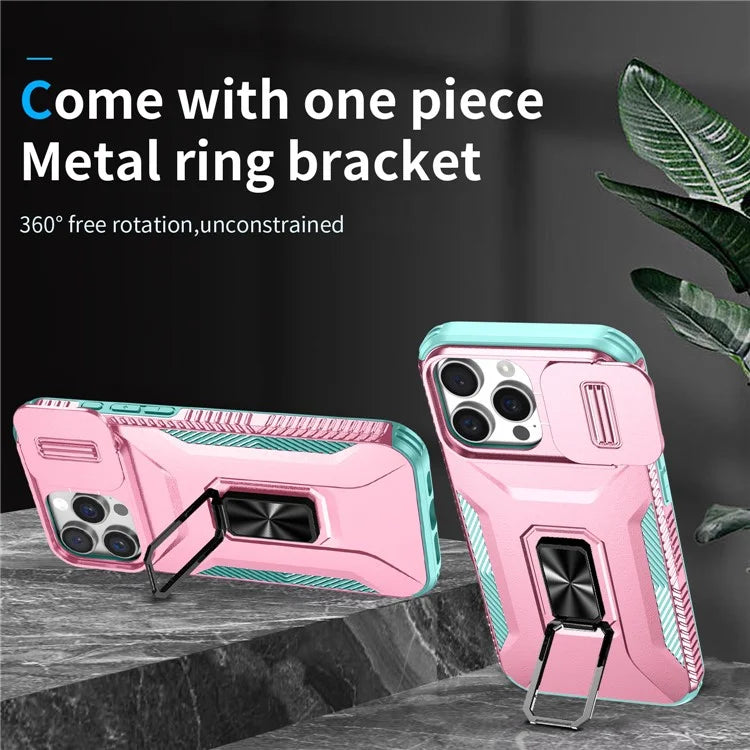 For iPhone 16 Pro Case Kickstand TPU+PC Phone Cover with Slide Lens Shield