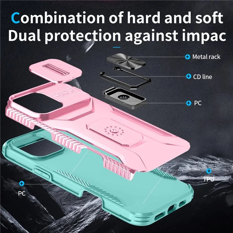 For iPhone 16 Pro Case Kickstand TPU+PC Phone Cover with Slide Lens Shield