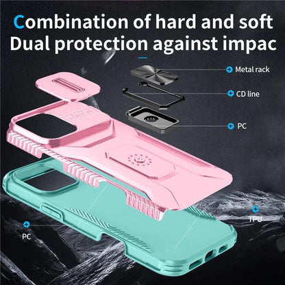 For iPhone 16 Pro Case Kickstand TPU+PC Phone Cover with Slide Lens Shield