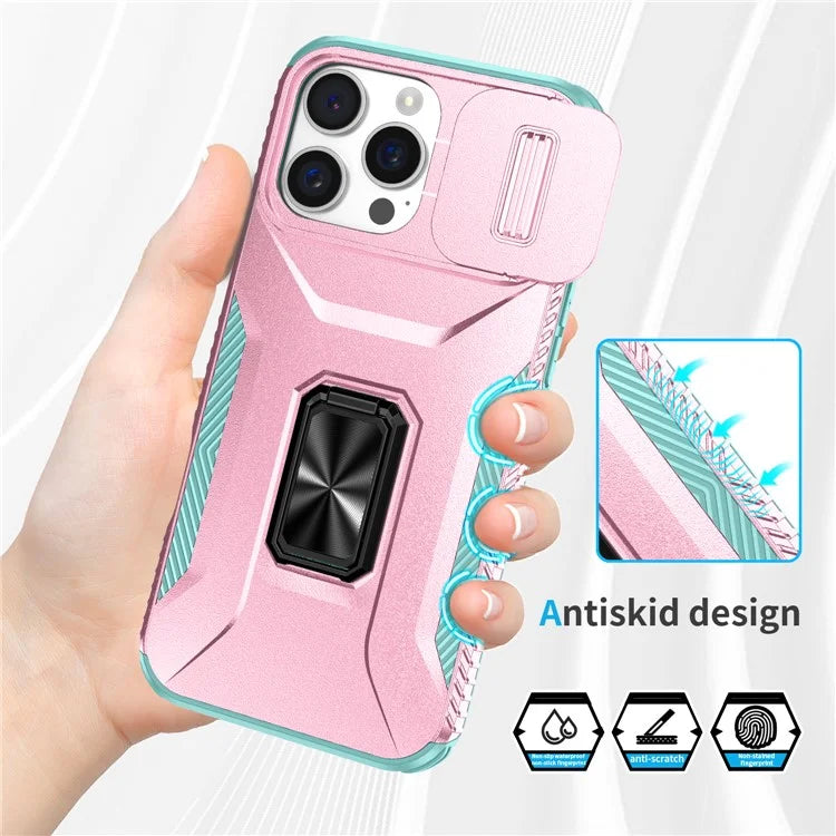 For iPhone 16 Pro Case Kickstand TPU+PC Phone Cover with Slide Lens Shield