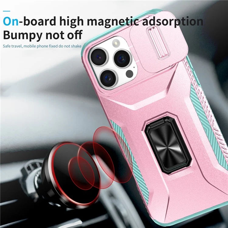 For iPhone 16 Pro Case Kickstand TPU+PC Phone Cover with Slide Lens Shield