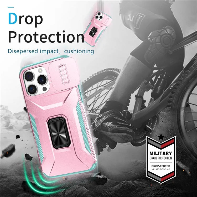 For iPhone 16 Pro Case Kickstand TPU+PC Phone Cover with Slide Lens Shield