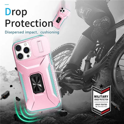 For iPhone 16 Pro Case Kickstand TPU+PC Phone Cover with Slide Lens Shield