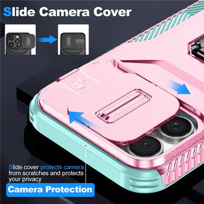 For iPhone 16 Pro Case Kickstand TPU+PC Phone Cover with Slide Lens Shield