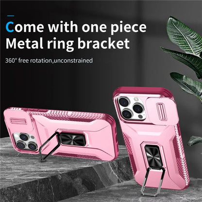 For iPhone 16 Pro Case Kickstand TPU+PC Phone Cover with Slide Lens Shield