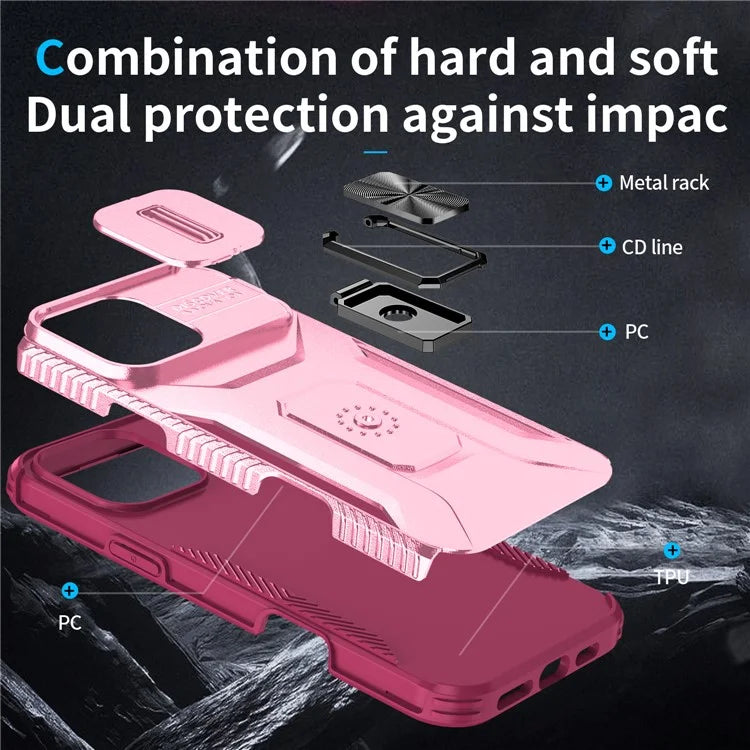 For iPhone 16 Pro Case Kickstand TPU+PC Phone Cover with Slide Lens Shield