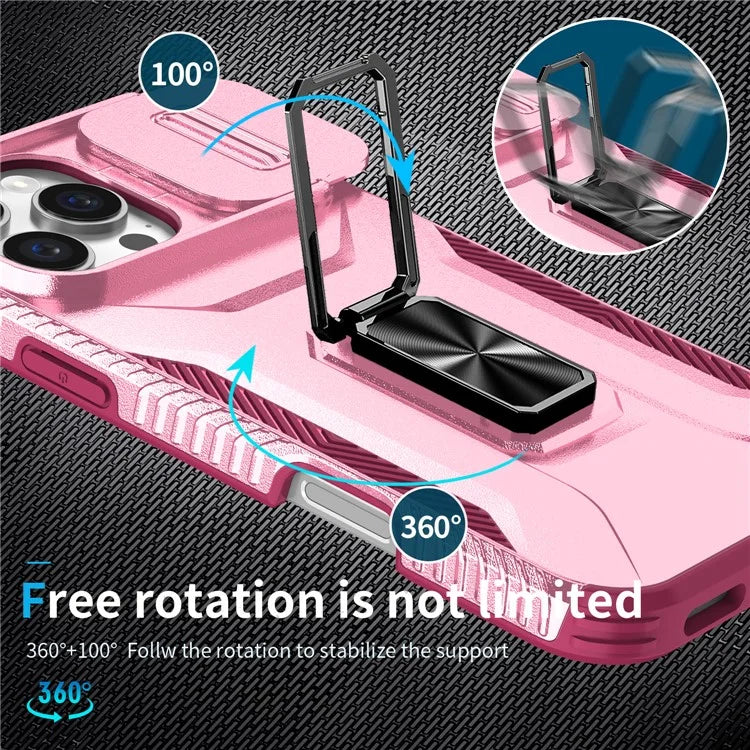 For iPhone 16 Pro Case Kickstand TPU+PC Phone Cover with Slide Lens Shield
