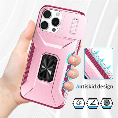 For iPhone 16 Pro Case Kickstand TPU+PC Phone Cover with Slide Lens Shield