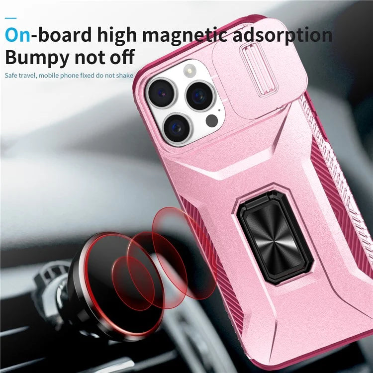 For iPhone 16 Pro Case Kickstand TPU+PC Phone Cover with Slide Lens Shield