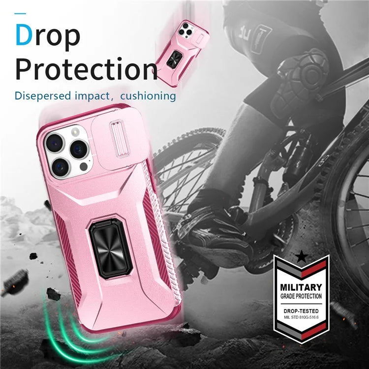 For iPhone 16 Pro Case Kickstand TPU+PC Phone Cover with Slide Lens Shield