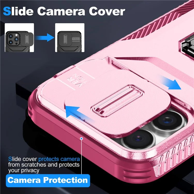 For iPhone 16 Pro Case Kickstand TPU+PC Phone Cover with Slide Lens Shield