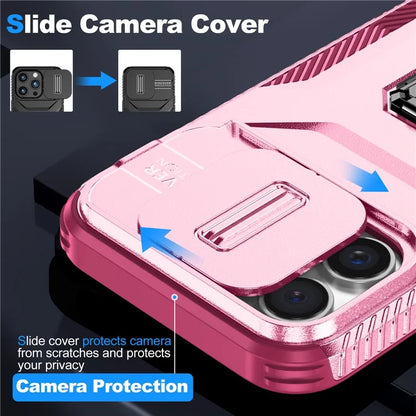 For iPhone 16 Pro Case Kickstand TPU+PC Phone Cover with Slide Lens Shield