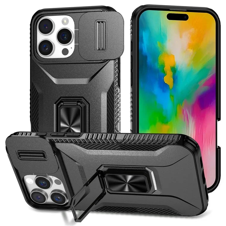 For iPhone 16 Pro Case Kickstand TPU+PC Phone Cover with Slide Lens Shield